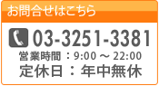 お問合せはこちら　TEL：03-3251-3381　営業時間：9:00～22:00　定休日：年中無休